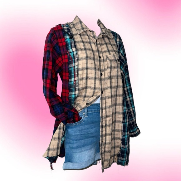 Distressed Color-Block Flannel - Picture 2 of 3